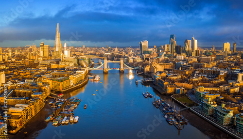 Photography London, England - Panoramic aerial skyline view of London including iconic Tower