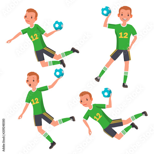 Handball Player Male Vector. Match Competition. Running  Jumping. Isolated Flat Cartoon Character Illustration