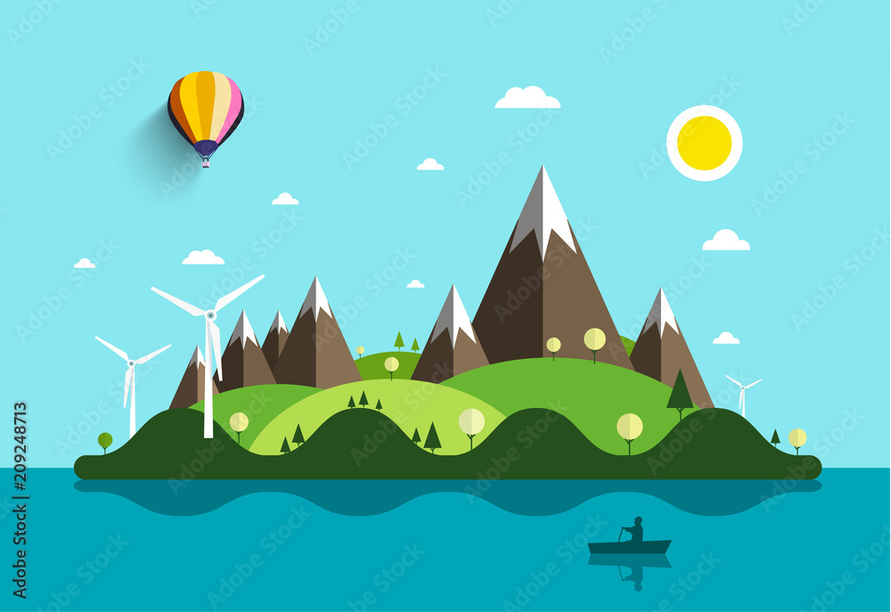 Ocean Landscape with Island and Man on Boat. Vector Flat Design Natural Scene. Summer Holidays Destination with Windmills and Mountains.