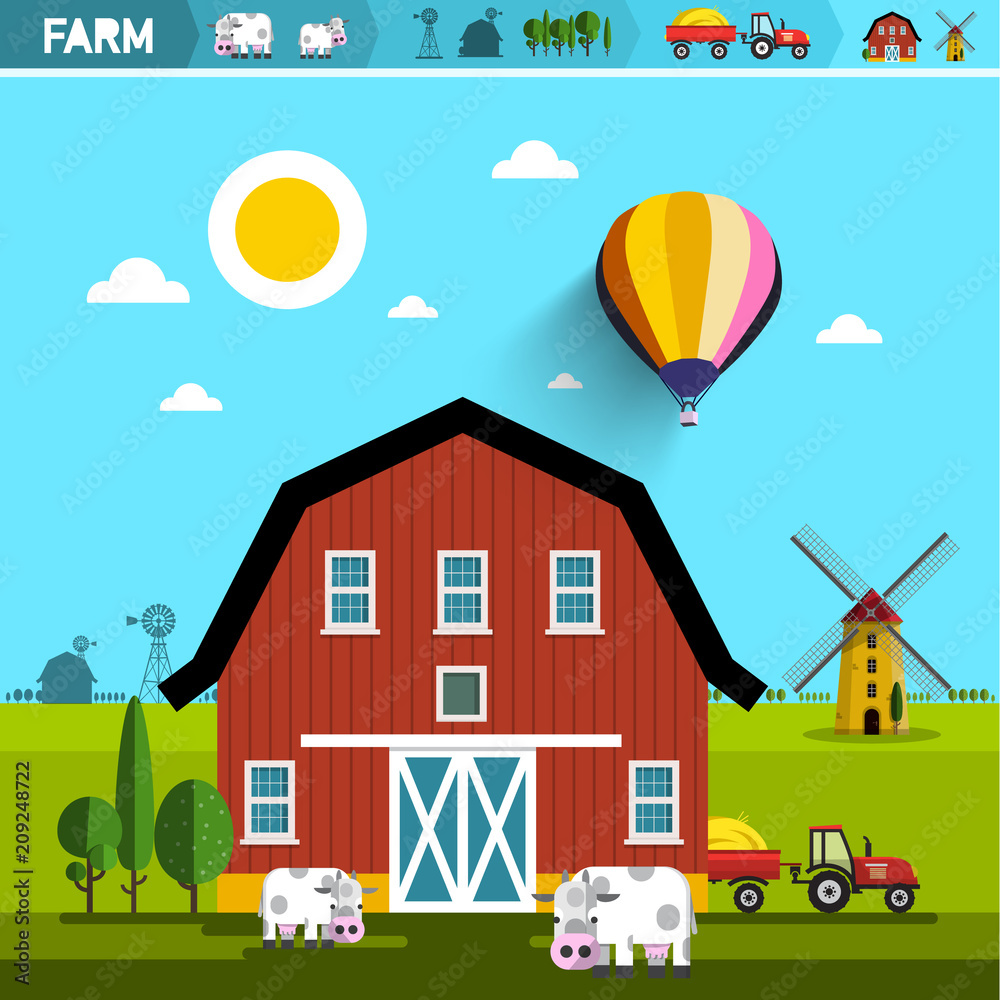 Farm with Barn, Cows, Tractor and Wind Mills. Vector Rural Landscape. Farming Concept. Agriculture Design. Farm with Barn, Cows, Tractor and Wind Mills. Vector Rural Landscape. Farming Concept. Agriculture Design.