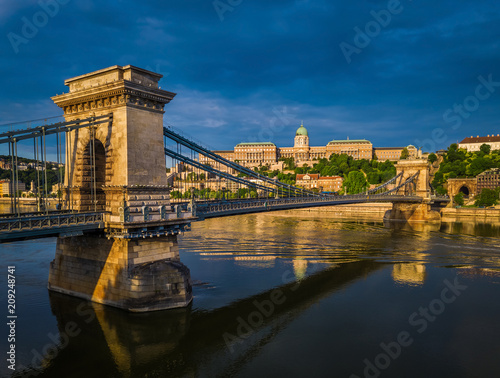 Budapest, Hungary - Aerial panoramic view of Szechenyi Chain Bridge with Buda Castle Royal Palace at background at sunrise