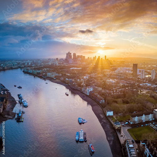 Photography London, England - Panoramic aerial skyline view of east London at sunrise with s