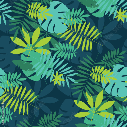 Simple green tropical leaves design seamless pattern