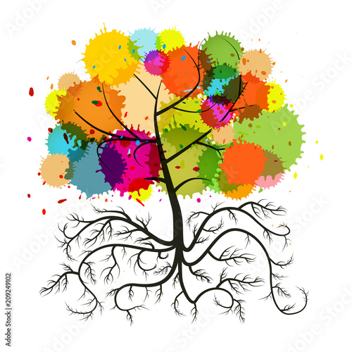 Abstract Vector Tree with Roots and Colorful Splashes Isolated on White Background