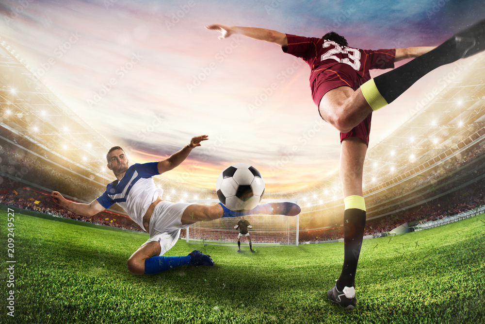 Obraz premium Soccer striker hits the ball with an acrobatic kick. 3D Rendering