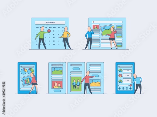 Using and customizing application set - mobile app with user-friendly interface concept isolated on white background. People performing custom settings in flat vector illustration.