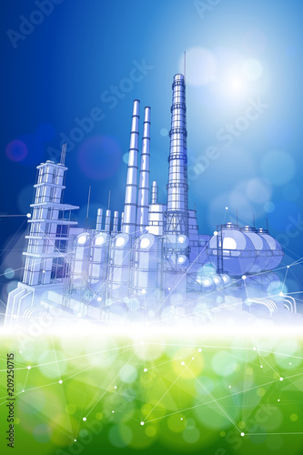 blue green bokeh - environment ecology concept - abstract image of grass & sky connected by a white digital wave created from points and lines - as an image of innovation, modern technology & science