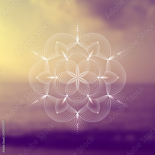 Template of banner for web and social media, square format; Spiritual sacred geometry; Yantra, chakra or lotus on psychedelic blurred background; Yoga, meditation and relax.