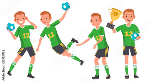 Handball Male Player Vector. Attack Jump. Shooting Player. Playing In Different Poses. Man Athlete. Isolated On White Cartoon Character Illustration