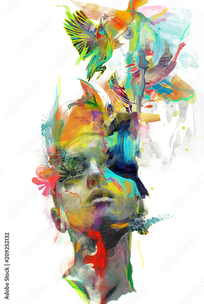 © Archan Nair - Portrait with birds and dream like watercolor face © Archan Nair - Portrait with birds and dream like watercolor face