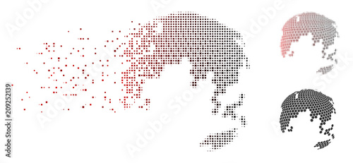 Vector abstract dotted earth globe icon in fractured, dotted halftone and undamaged entire versions. Disintegration effect uses rectangle scintillas and horizontal gradient from red to black.
