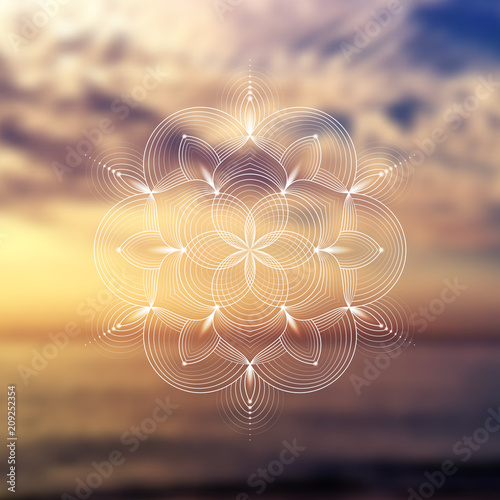 Template of banner for web and social media, square format; Spiritual sacred geometry; Yantra, chakra or lotus on psychedelic blurred background; Yoga, meditation and relax.