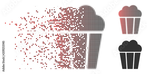 Vector popcorn bucket icon in sparkle, dotted halftone and undamaged solid versions. Disappearing effect involves rectangle sparks and horizontal gradient from red to black.