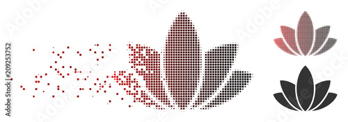 Vector lotus flower icon in dispersed, dotted halftone and undamaged entire versions. Disintegration effect uses rectangular sparks and horizontal gradient from red to black.