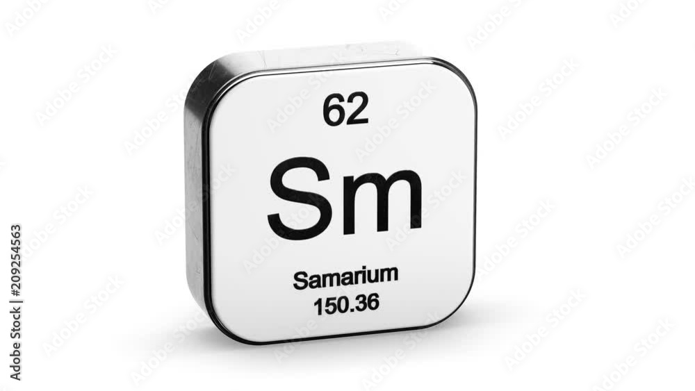 Samarium element symbol from the periodic table on white metallic rounded square icon 3D animation Samarium element symbol from the periodic table on white metallic rounded square icon 3D animation
