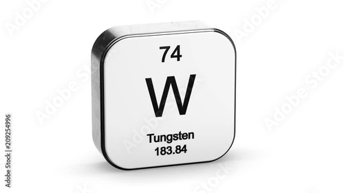 Tungsten element symbol from the periodic table on white metallic rounded square icon 3D animation
