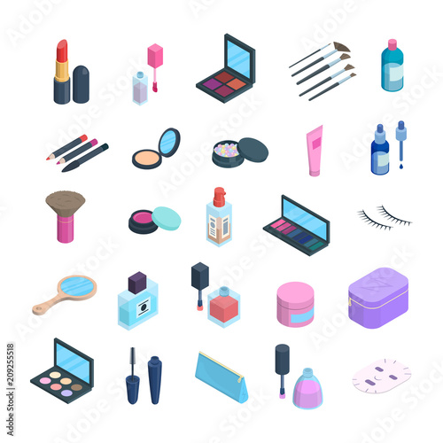 Vector isometric makeup elements set. 3d dimension icons of cosmetics and skincare. Eyshadow, blush pallete, face powder, cushion foundation cosmetics