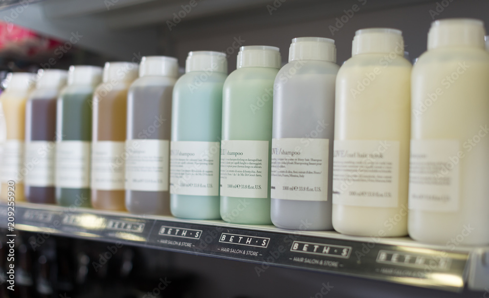 Shelves with hair care products in a cosmetics store indoor