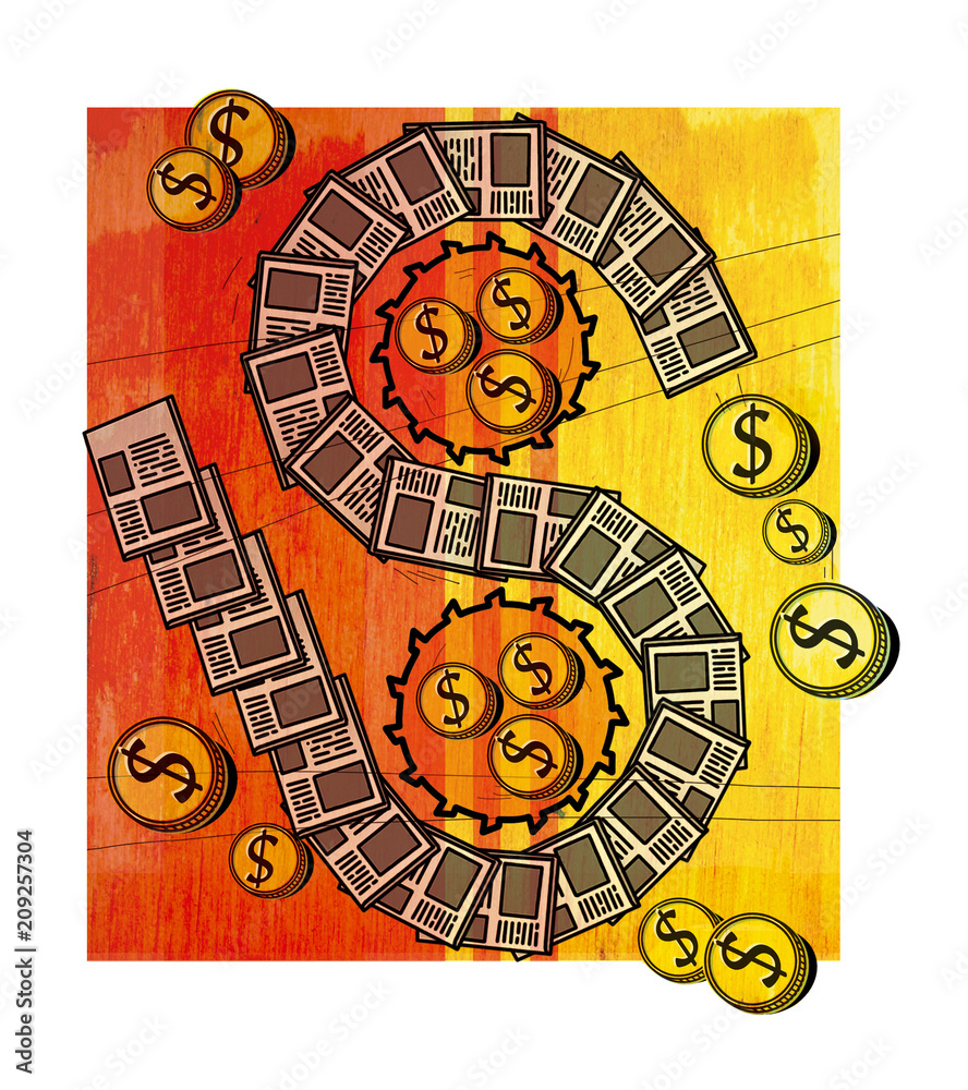 Obraz premium Publishing business. A dollar sign in the form of a tape from newspapers. gears, coined by dollar coins. Against the background of a mahogany texture.
