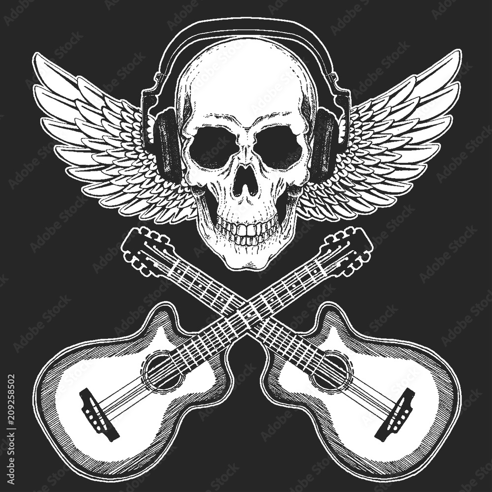 Fototapeta premium Rock music festival. Cool print with skull and headphones for poster, banner, t-shirt. Guitars, wings