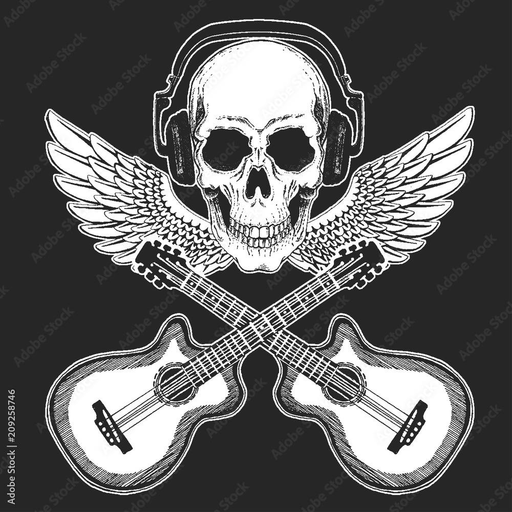 Fototapeta premium Rock music festival. Cool print with skull and headphones for poster, banner, t-shirt. Guitars, wings