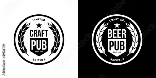 Modern craft beer drink isolated vector logo sign for brewery, pub, brewhouse or bar.
Premium quality logotype tee print badge illustration. Brewing fest fashion t-shirt emblem design set.
