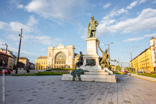 View on the eastern railway station with Gabor Baross statue during the sunset in Budapest city, Hungary