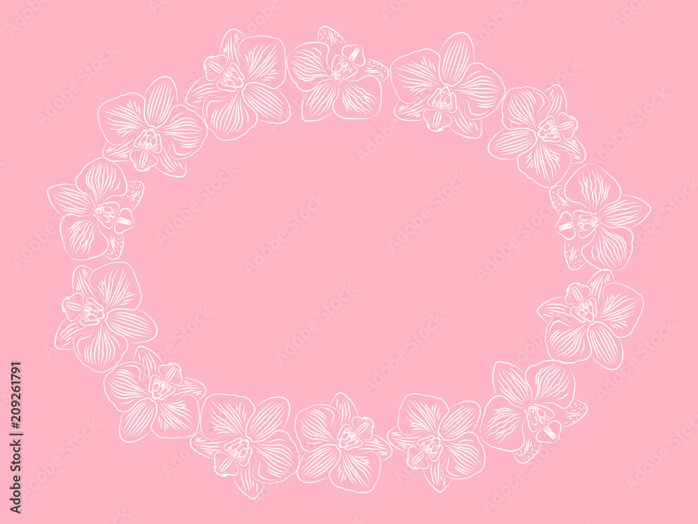 White contour orchids on pink background decorative frame with copy space for your text.