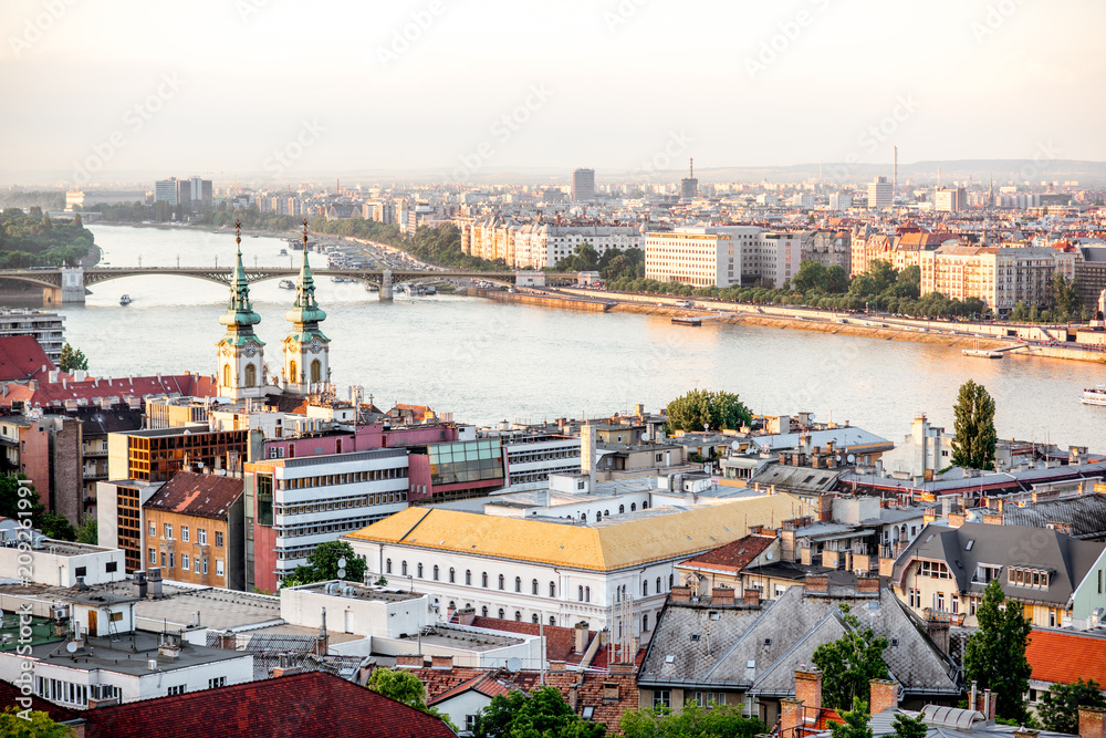 Cityscape view on Budapest city with river during the sunset in Hungary