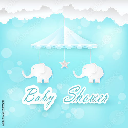 Baby mobile with elephant, star and cloud on blue.  Shower card paper art style illustration