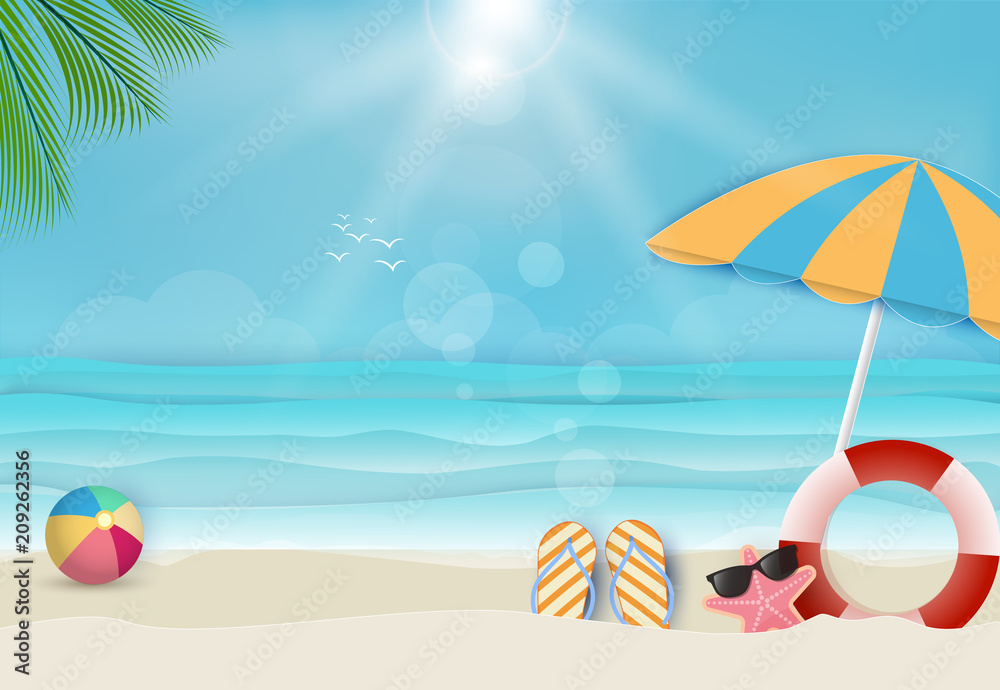 Summer holiday beach background, nautical concept. Paper art, paper craft style illustration