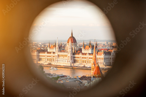 Photography View through the hole on the famous Parliament building in Budapest city, Hungar