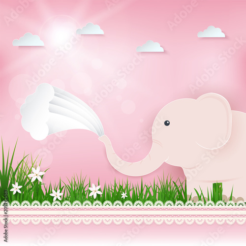 Pink Elephant in field and cloud Greeting card, Happy Birthday card. Shower card paper art style illustration