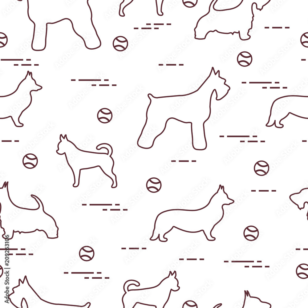 Seamless pattern with dogs and tennis balls.