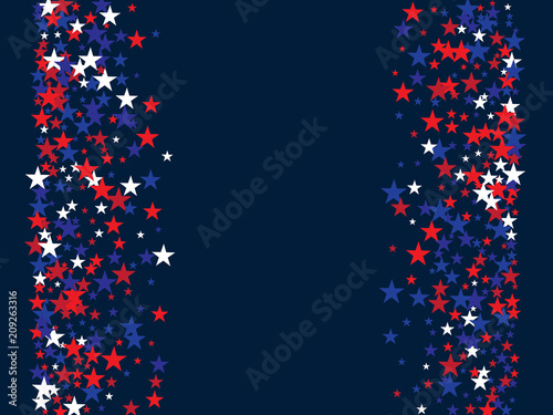Patriotic 4th of July, Independence Day of America Stars Confetti. Flying Stars Texture, US Blue, Red, White Confetti Banner. USA Independence Day, 4th of July, National Symbols Banner Background.