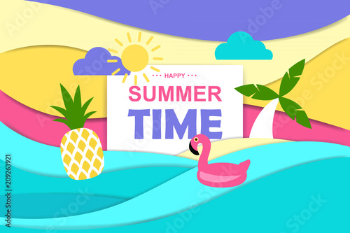 colorful cartoon summer banner in a flat style. paper effect. vector illustration