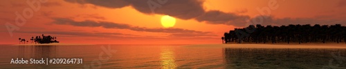 panorama of the beach with palm trees at sunset, sea sunrise, 3D rendering