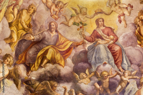PARMA, ITALY - APRIL 16, 2018: The freso of Coronation of Virgin Mary in church Chiesa di Santa Croce by Giovanni Maria Conti della Camera (1614 - 1670).