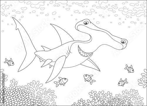 Big hammer-headed shark swimming with small striped fishes over a coral reef in a tropical sea, black and white vector illustration in a cartoon style for a coloring book