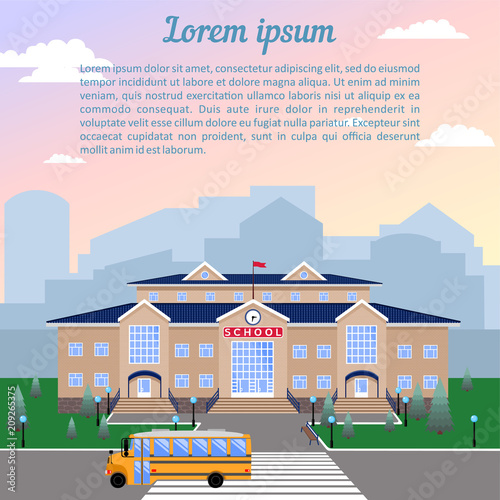 school, classic light beige brick building with blue roof, clock, flag, lawn and school bus.Against the city and sky.The image of a square format with sample text © Ксения Головина