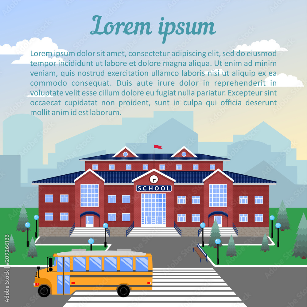 Obraz premium school, classic red brick building with blue roof, clock, flag, lawn and school bus.Against the city and sky.The image of a square format with sample text