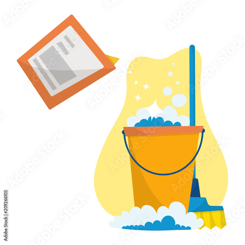 Cleaning service supplies, detergent containers and bottles. Vector illustration, cartoon style