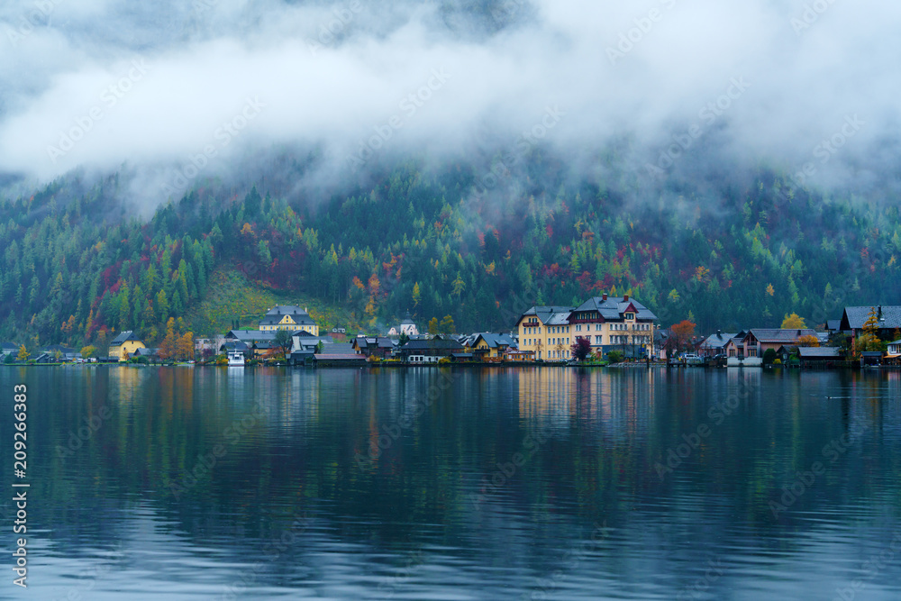 Lake view of famous Hallstatt village in Salzkammergut area, Austria