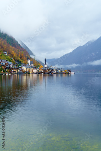 Lake view of famous Hallstatt village in Salzkammergut area, Austria