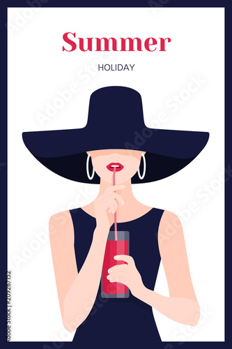 Portrait of a beautiful woman. A girl drinks juice through a straw. Rest at the resort. Vector Flat Illustration