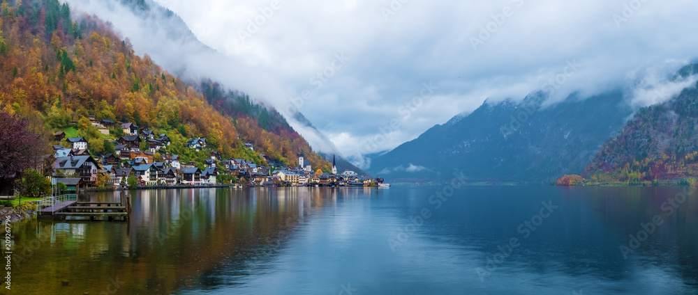 Wide panorama of famous Hallstatt village and lake, Austria