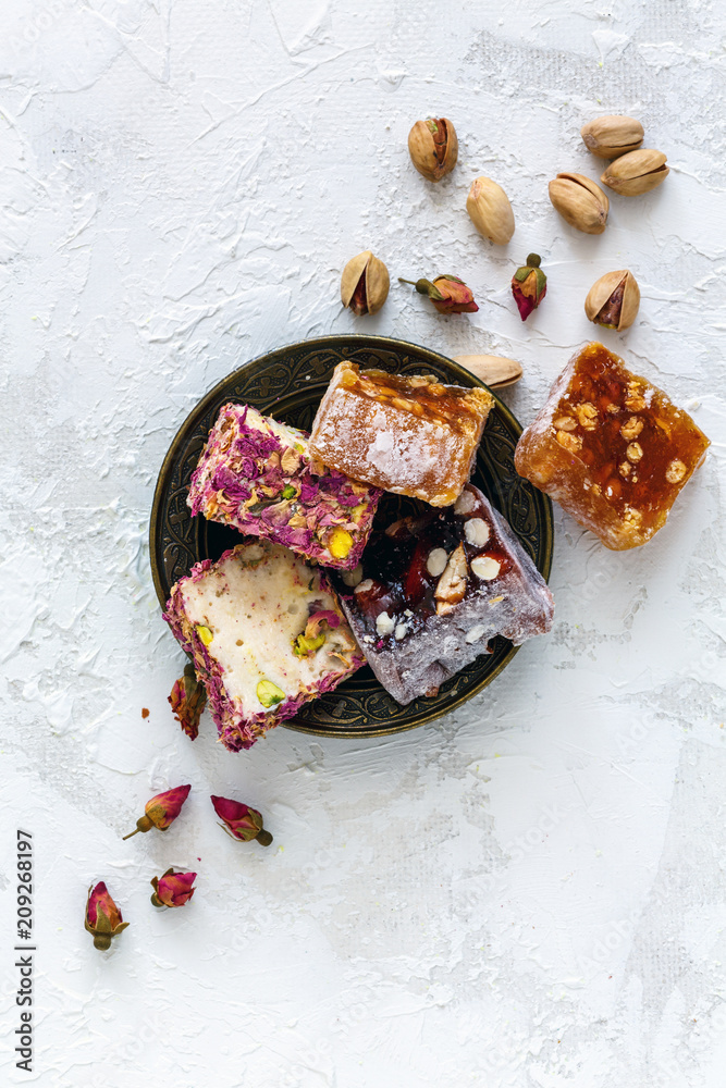 © sriba3 - Mixture of Turkish delight on a bronze plate.