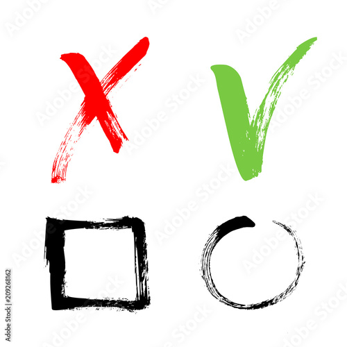 Red cross and green tick grunge set for web sites. Right and Wrong signs isolated on white background vector hand drawn ink illustration. Yes and No symbols