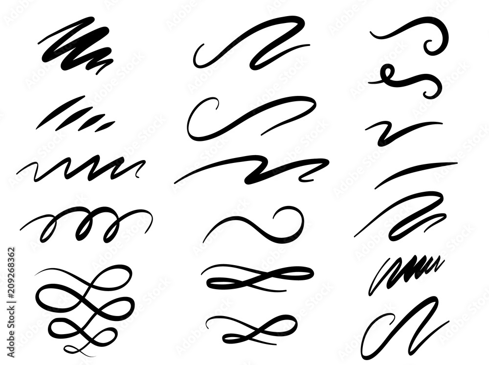 Set of hand drawn lettering and calligraphy swirls, squiggles. Vector ink decorations for composition - obrazy, fototapety, plakaty 