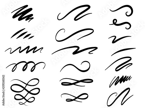 Set of hand drawn lettering and calligraphy swirls, squiggles. Vector ink decorations for composition photo